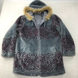 Vintage Easy Essentials Fleece Coat Womens L Gray Fuzzy Parka Jacket Faux Fur
